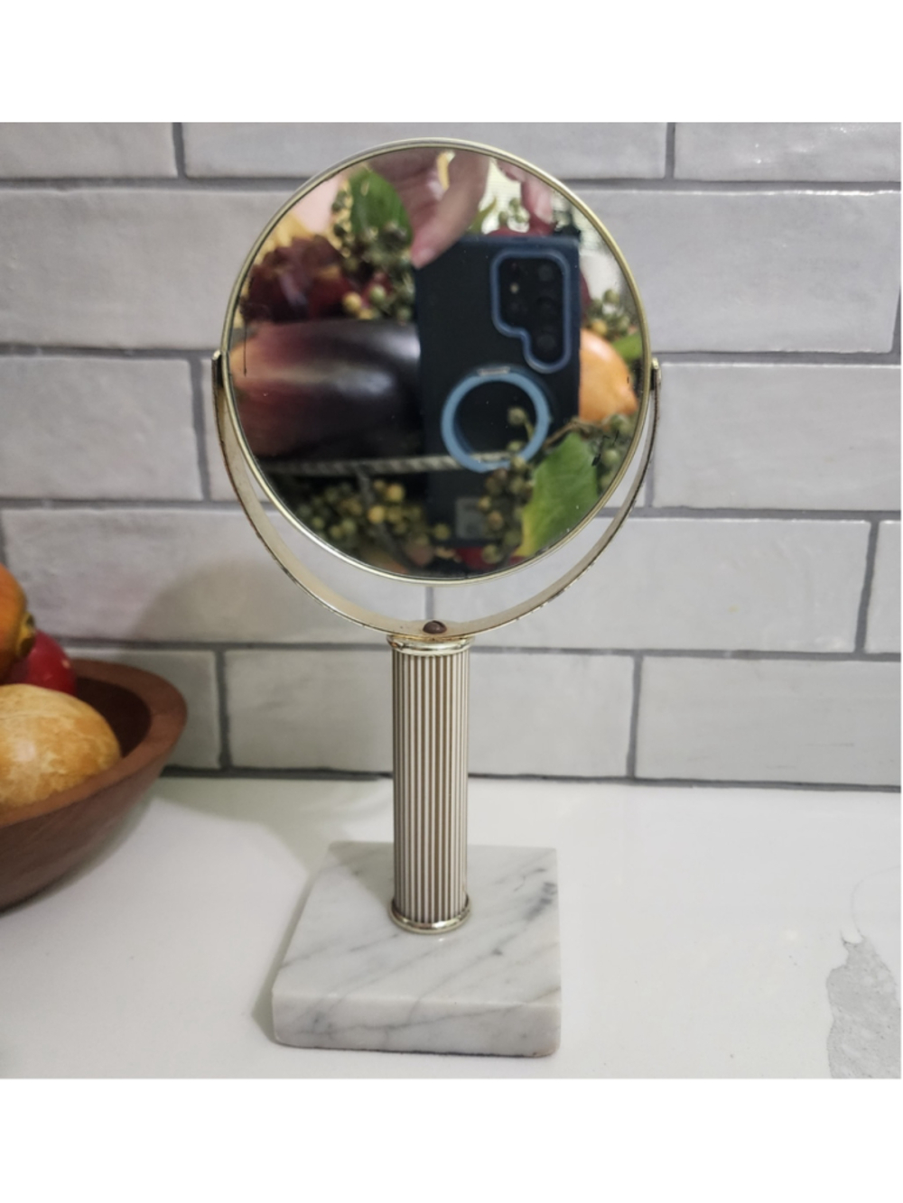 Vintage Italian Marble Vanity Mirror Brass Tone Swivel Makeup Mirror